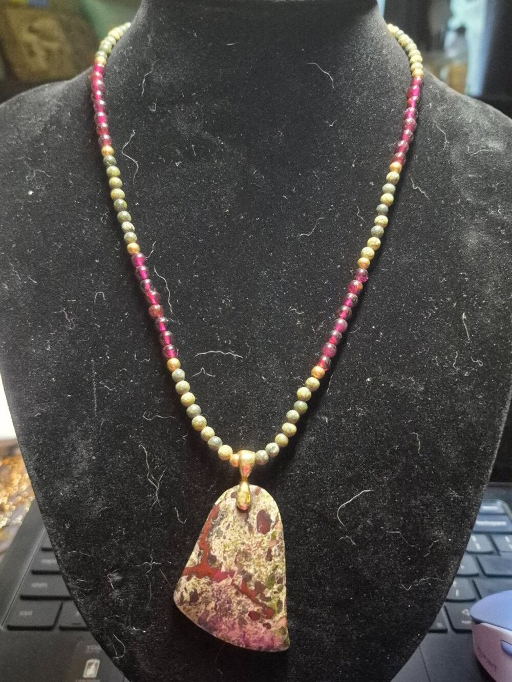 Handmade Dragon Blood Jasper Pendant Necklace, Garnet & Jasper Beaded Chain 24"